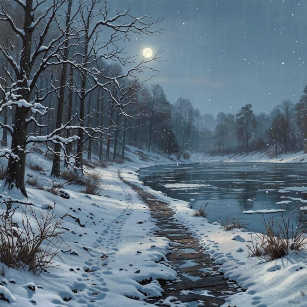 Moonlit Winter Woods with Sifting Snow