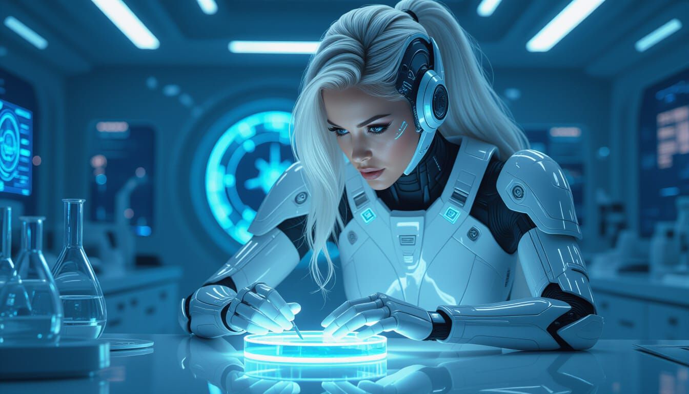 Woman in Futuristic Lab with Cybernetic Implants