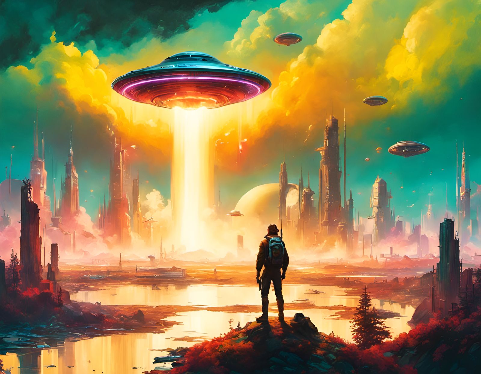 Atompunk UFO in Retro-Futuristic Pop Art Style