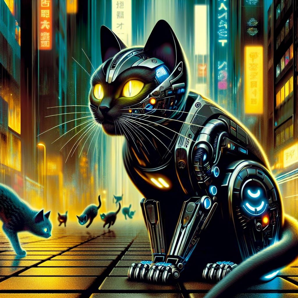 Cyberpunk Anime Kittens Playing in City Street