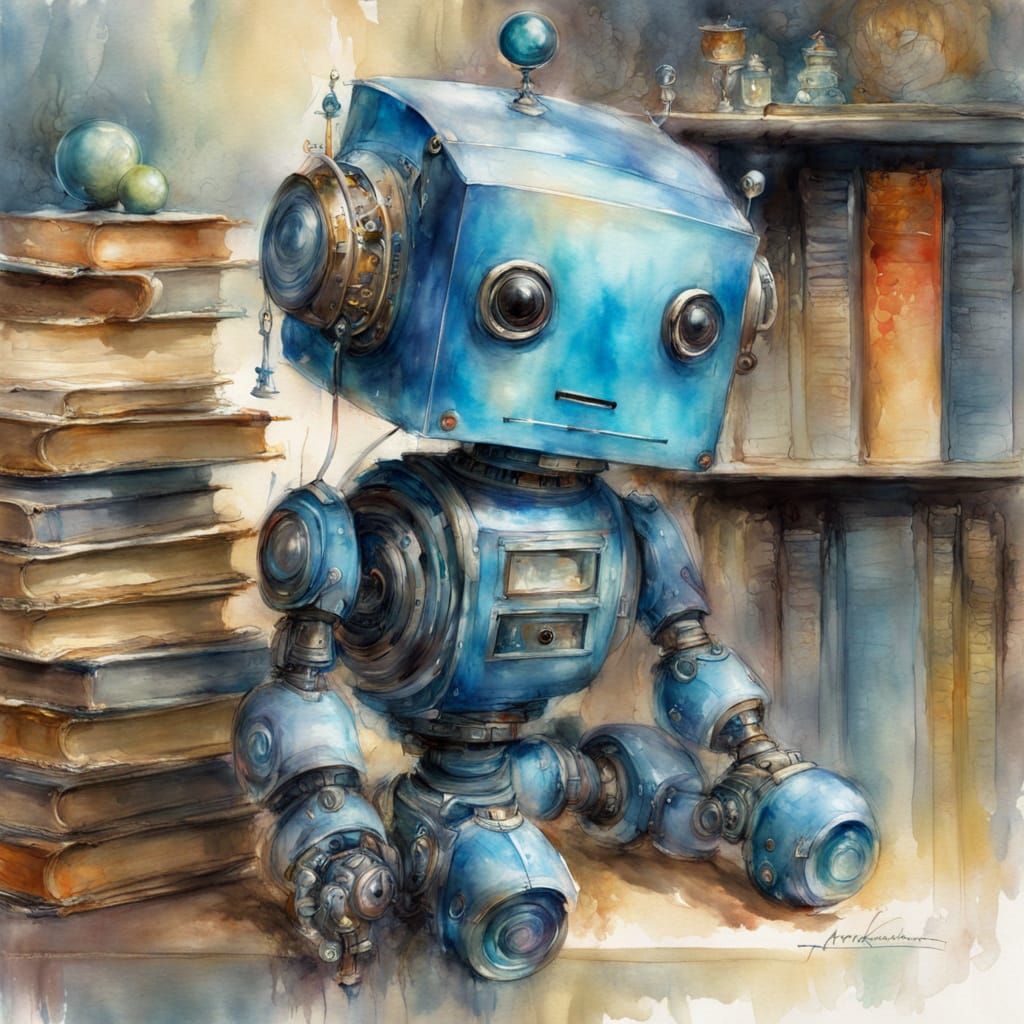 Little Blue Robot on a Whimsical Bookshelf