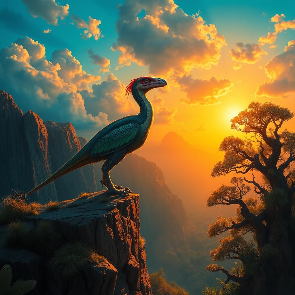 Archeopteryx at Sunset: A Dark Fantasy Oil Painting