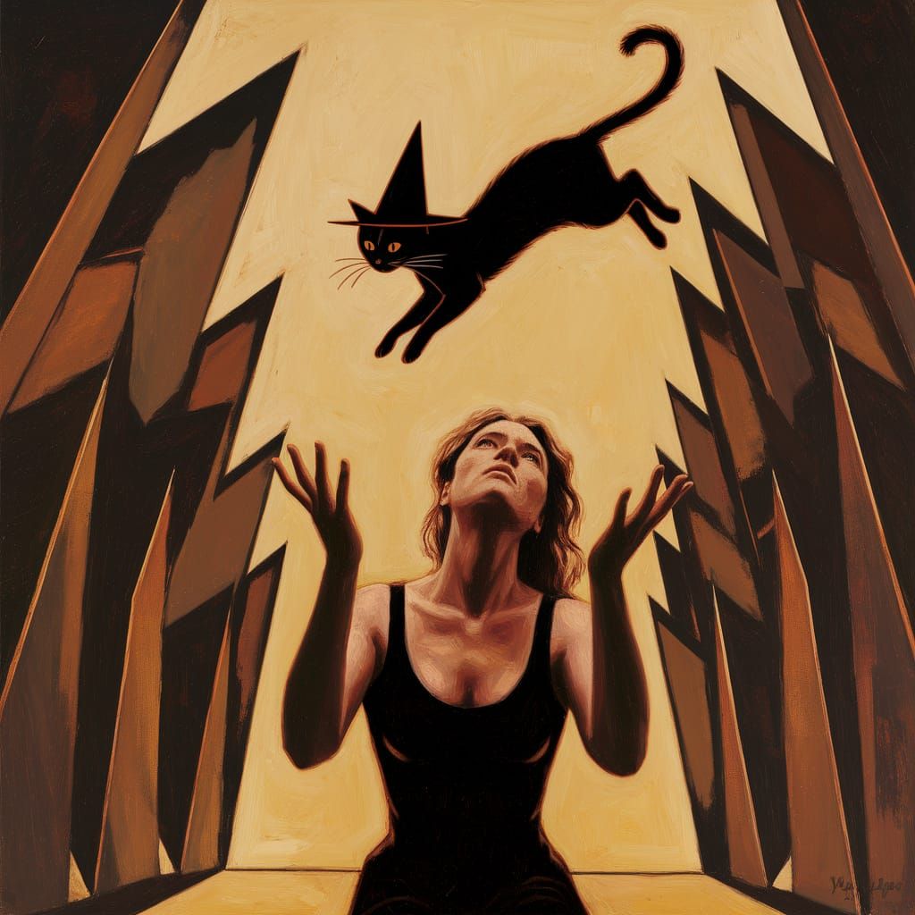 Melancholy Woman with Cat in Expressionist Style