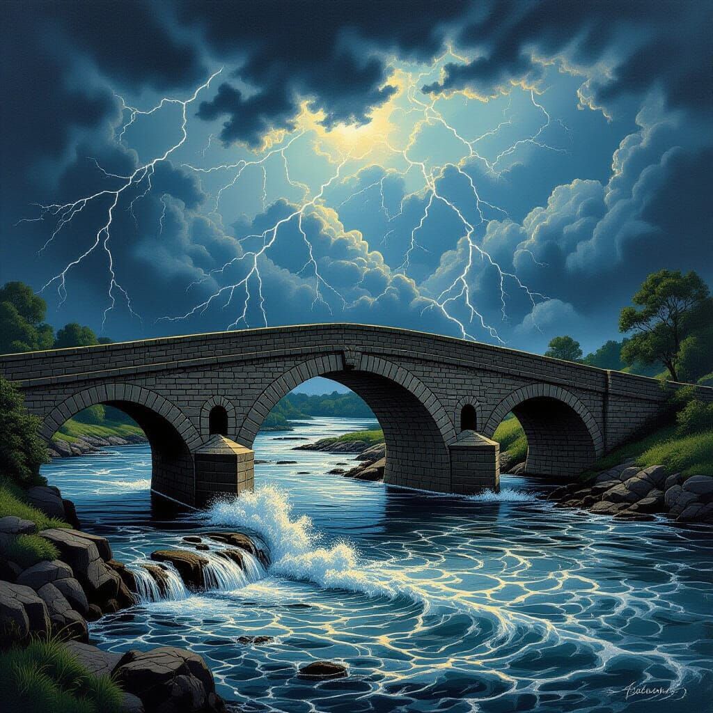 Stormy Stone Bridge in Engraving Style