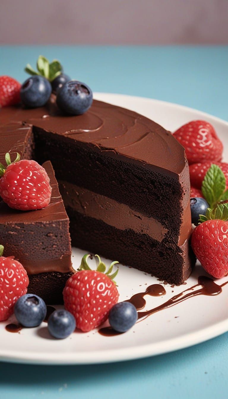 Decadent Chocolate Cake Slice with Berries in Pixar Style