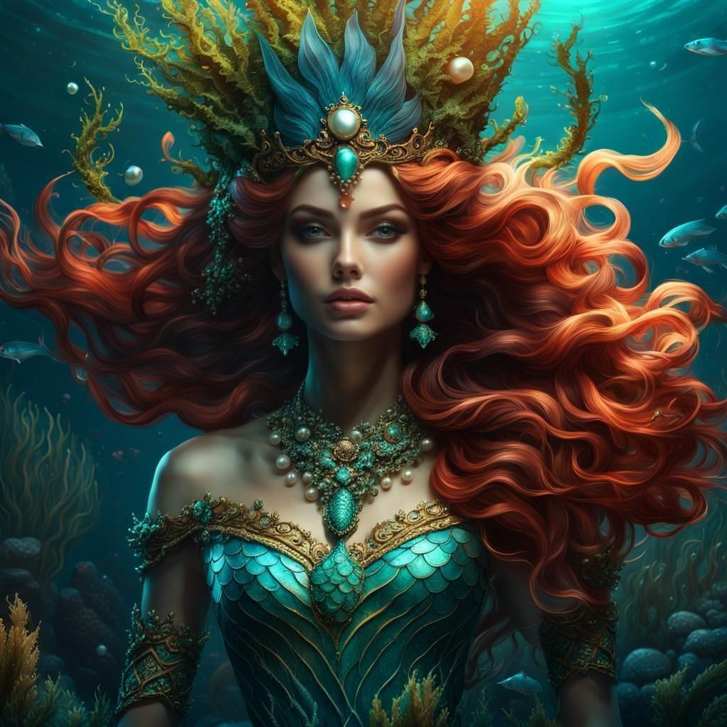 Mermaid with Seaweed Crown: Dark Fantasy Art