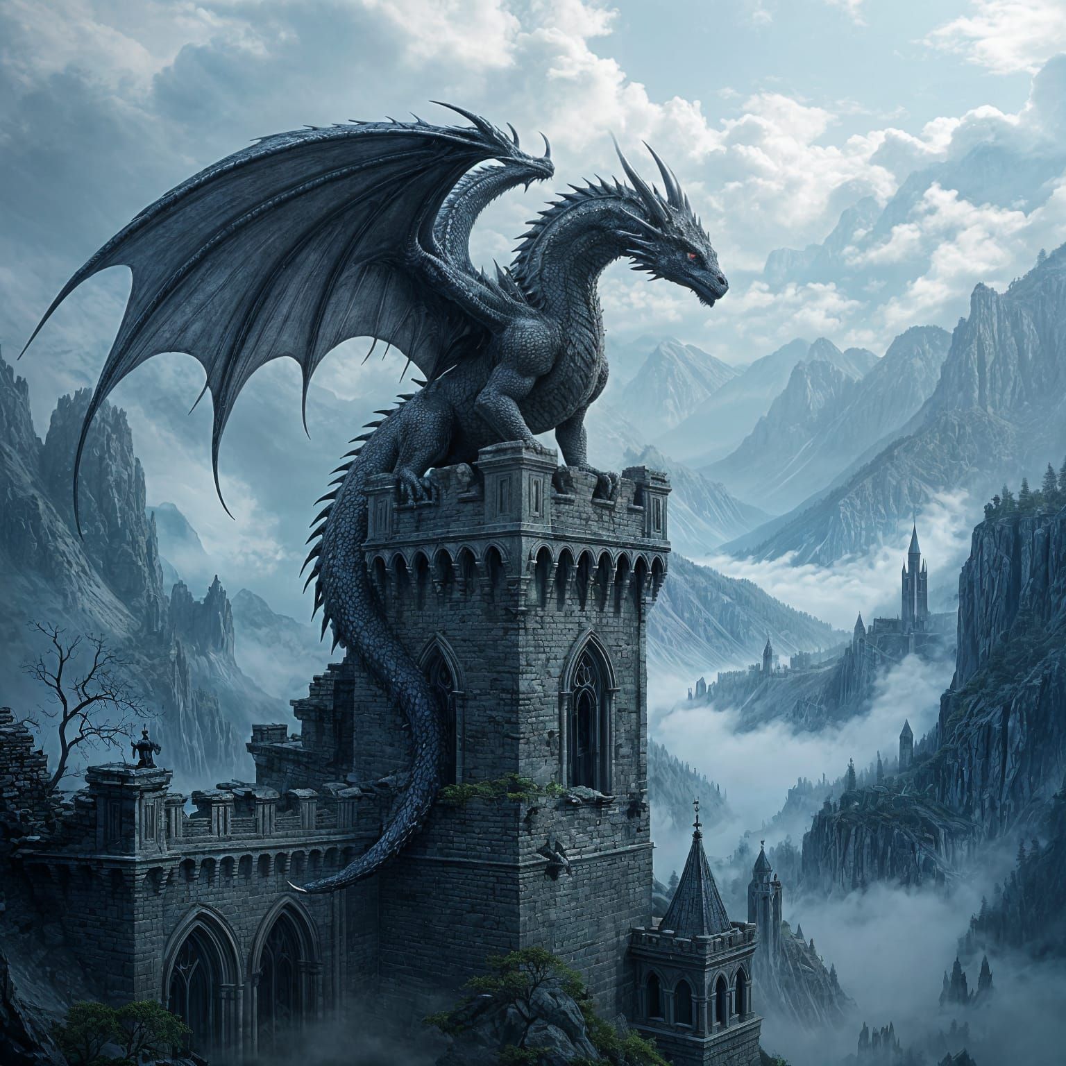 Obsidian Dragon on Gothic Tower Over Misty Valley