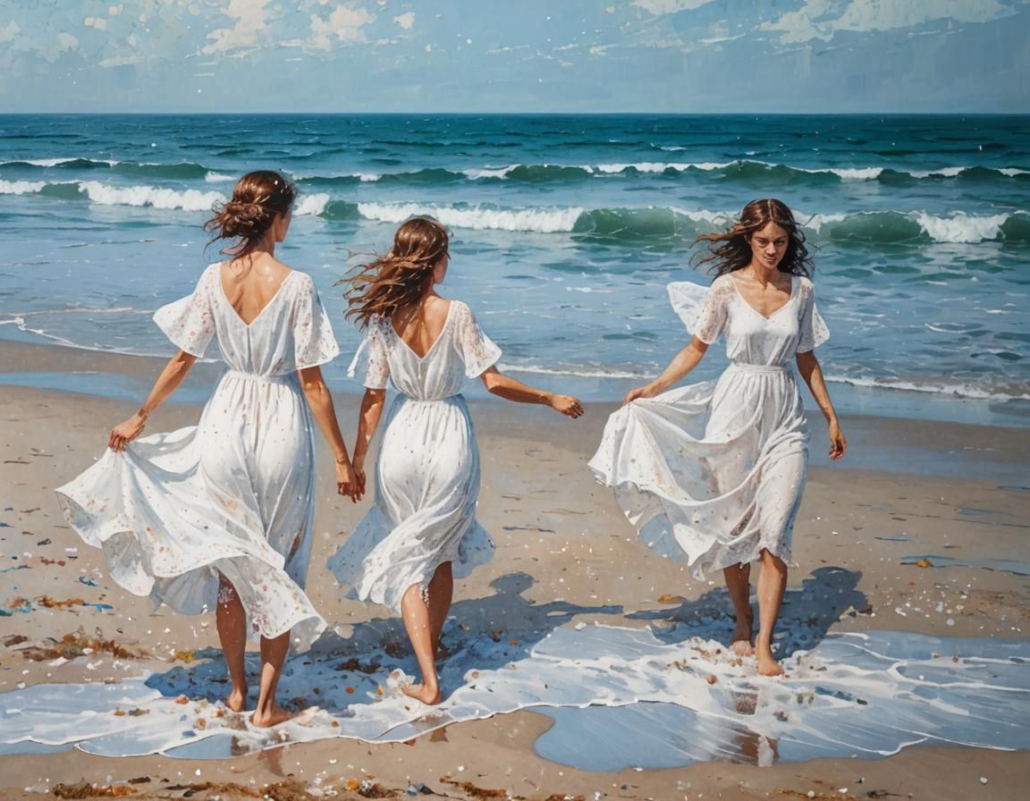 Water on acrylic tiny impasto brushstrokes painting of Three girls in white dresses on a windy beach, no fauna. Twi girl...