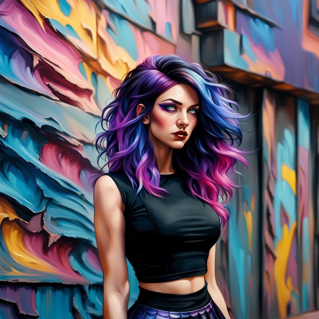 Fantasy Portrait with Vibrant Hair in Oil Painting Style