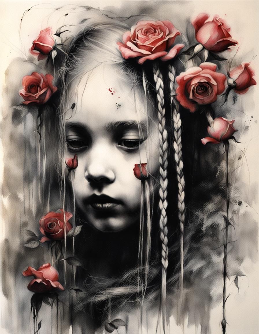 Roses weaved in her braids , by Stephen Gammell,