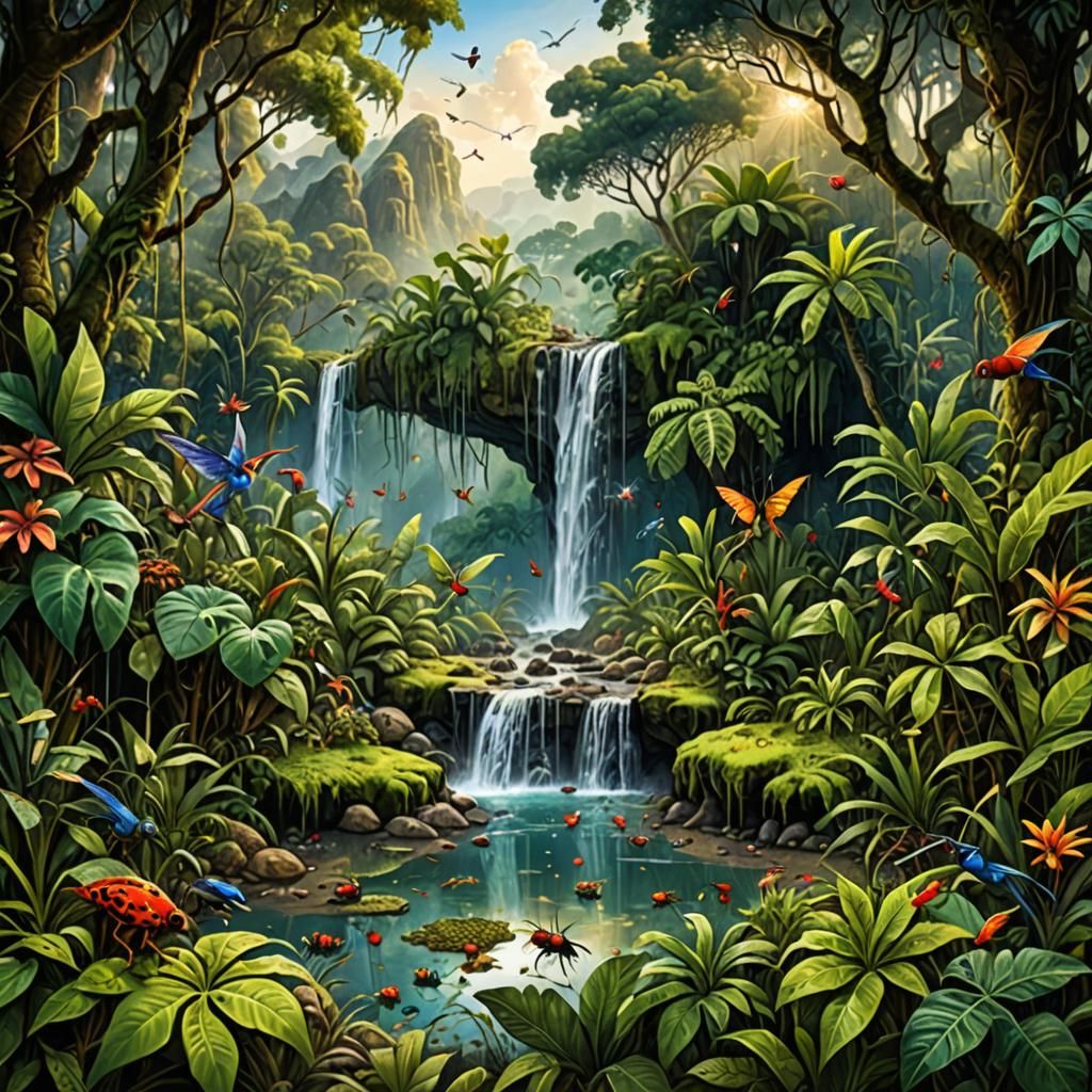 Lush Rainforest Floor Illustration with Exotic Wildlife