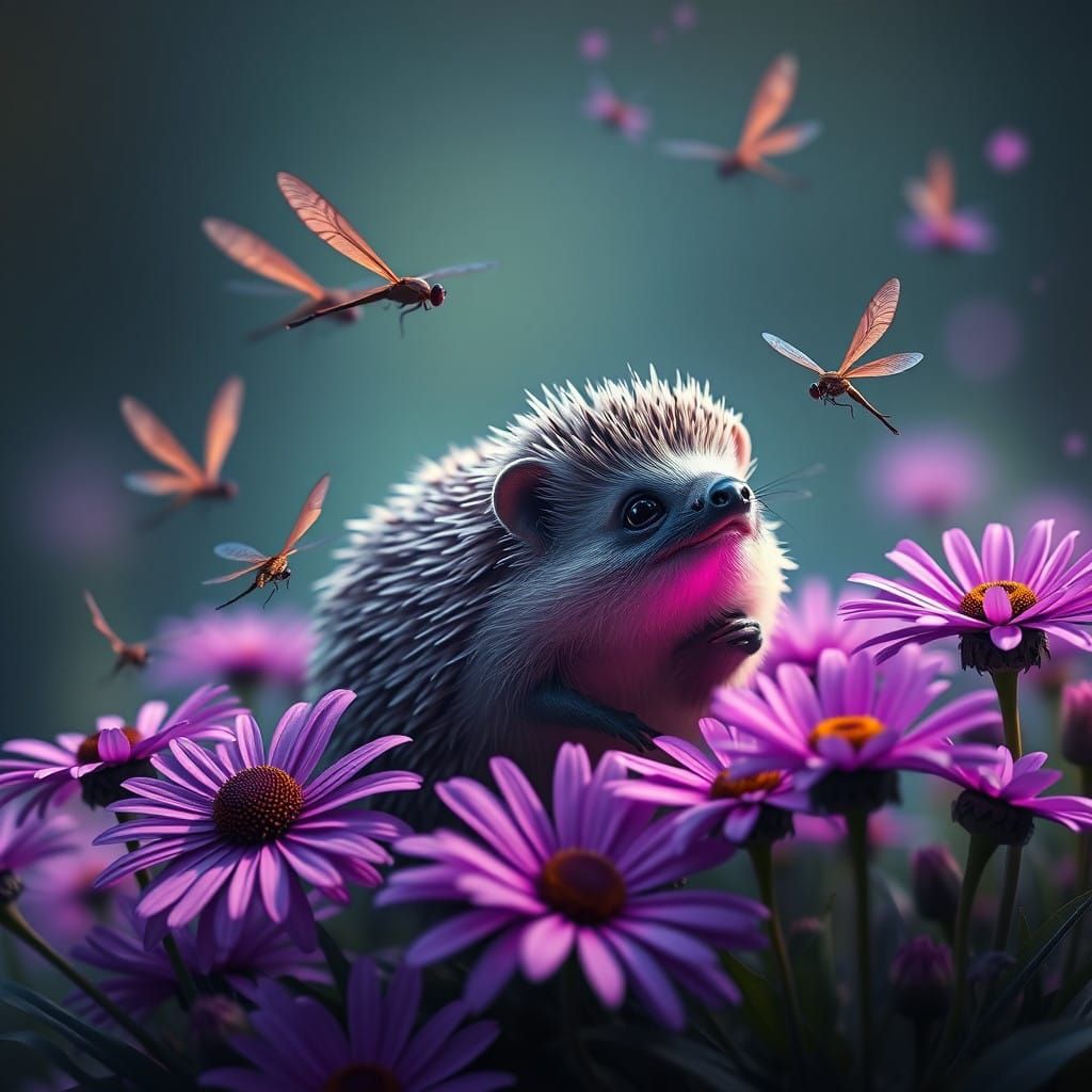 Whimsical Hedgehog Amidst Vibrant Floral Bloom