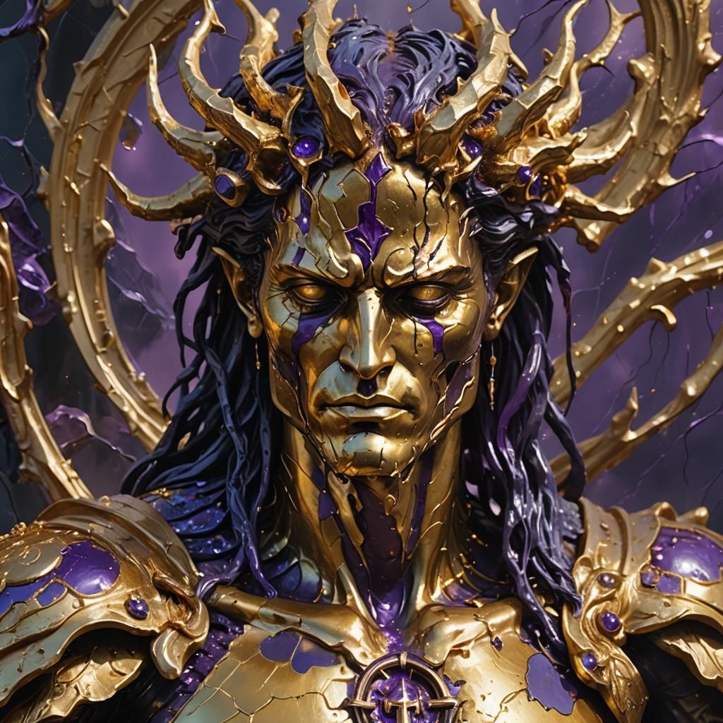 Golden God Statue with Purple Blood, Fantasy Art