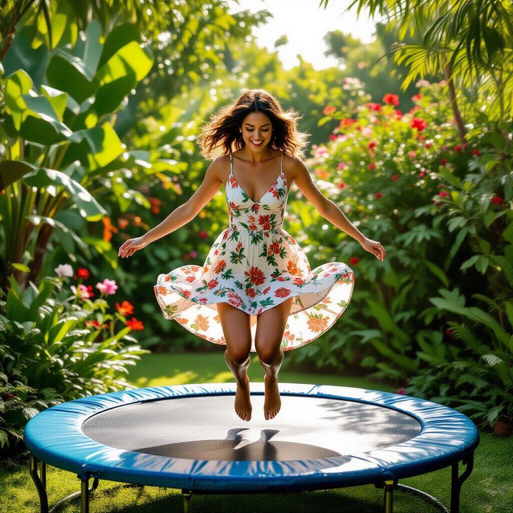 Woman Jumps on Trampoline in Garden, Skirt Lifted