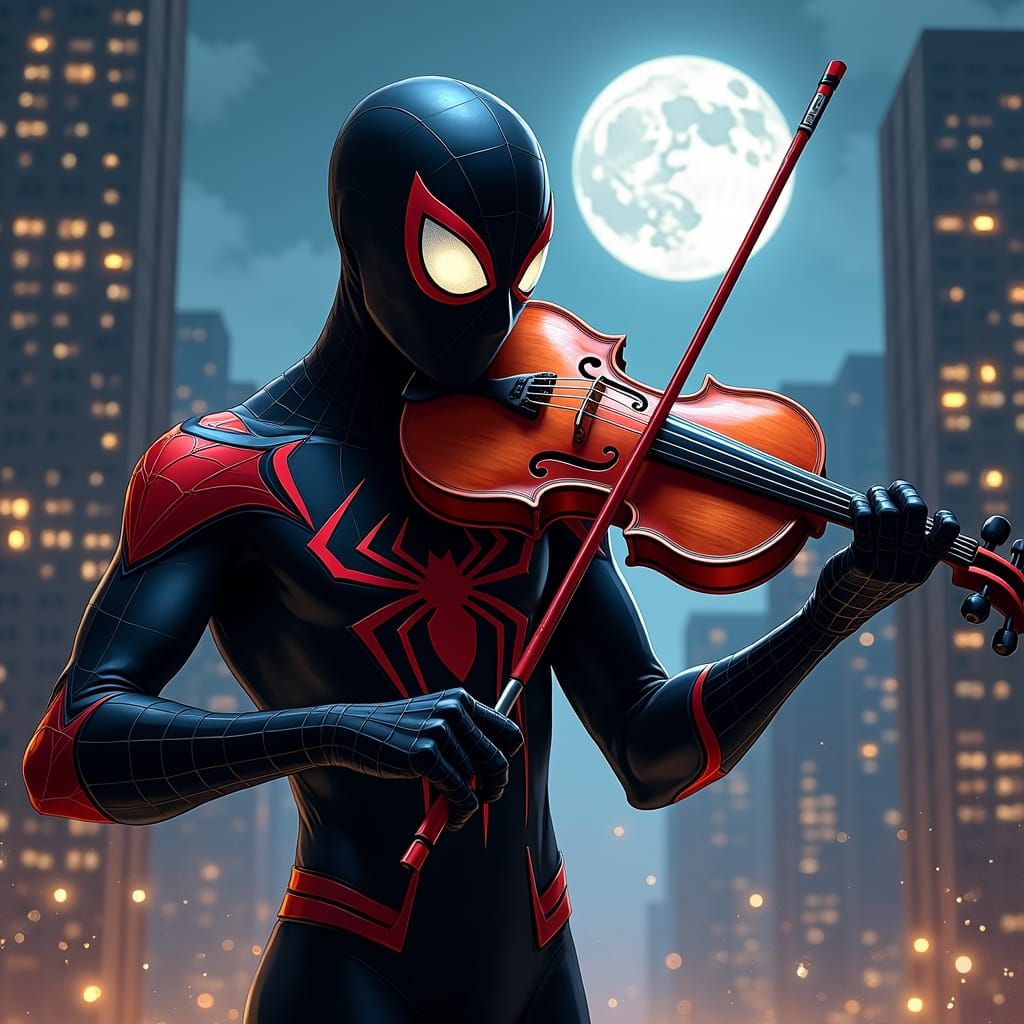 Spiderman Plays Violin in Moonlit City, Comic Book Style