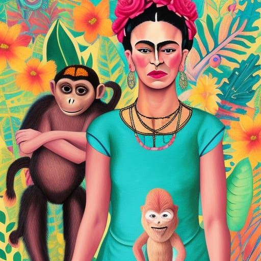 Frida Kahlo Coco Movie Monkey Gouache Painting