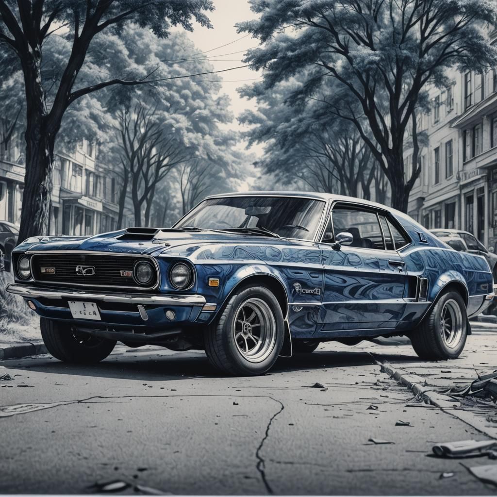 Hyperdetailed Car Drawing in Monochrome Blue, Cinematic Styl...