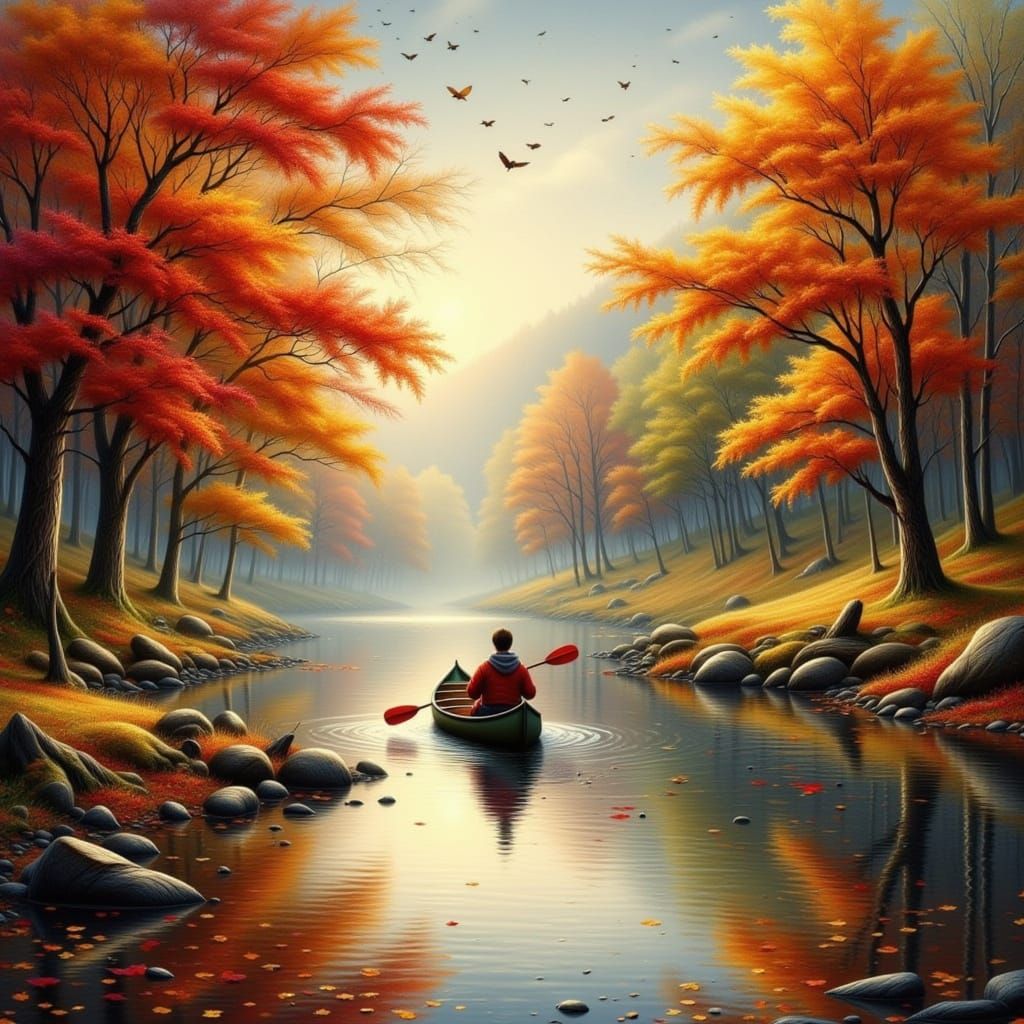 Man Canoeing Through Vibrant Autumn River Landscape
