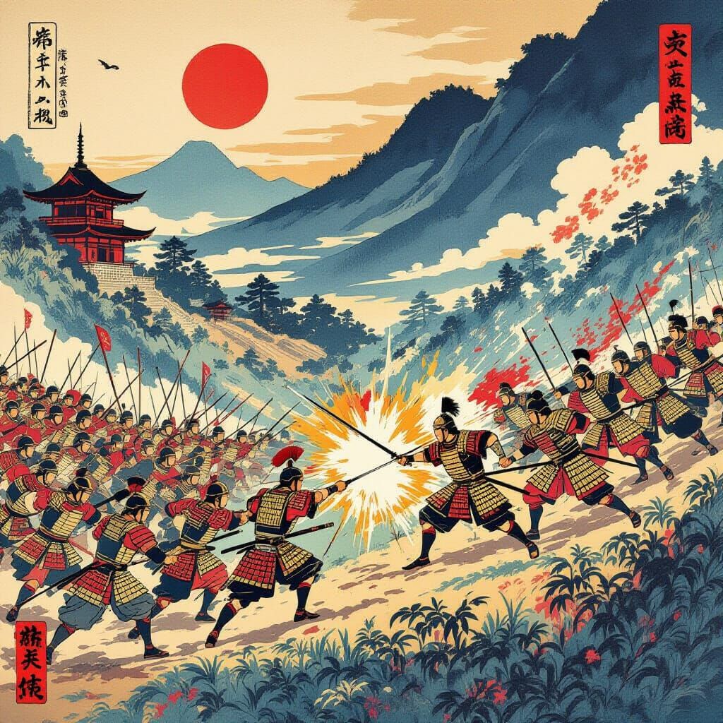 Ukiyo-e Style Battle: Romans vs Samurai in Epic Landscape