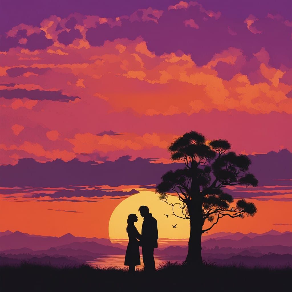 Romantic Black Silhouette Couple Amidst Vibrant Sunset