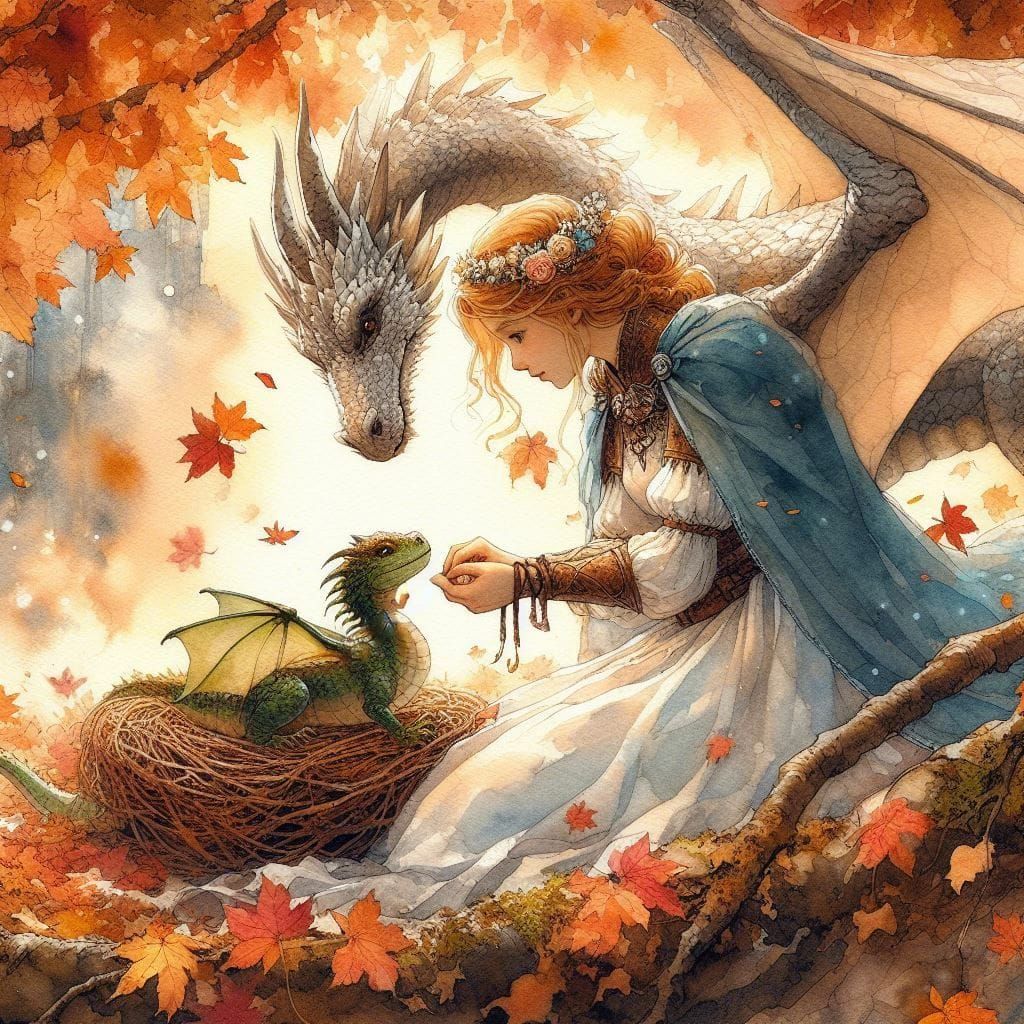 Princess and Dragon in Autumn Watercolor