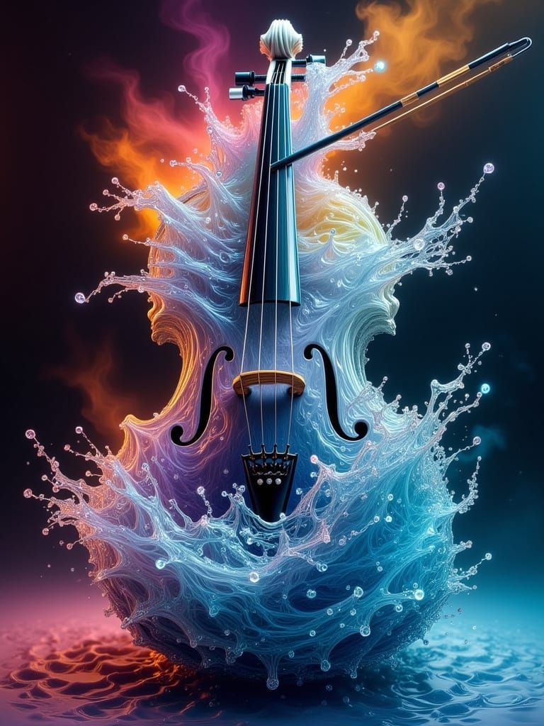 Violin Formed From Water Waves Hyperreal Splash Art