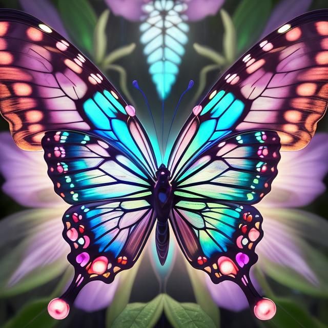 Glass Butterfly on Neon Flower, Detailed and Realistic