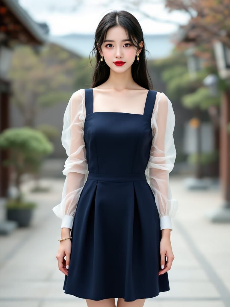 Japanese Woman in Pinafore Dress at Cherry Blossom Shrine