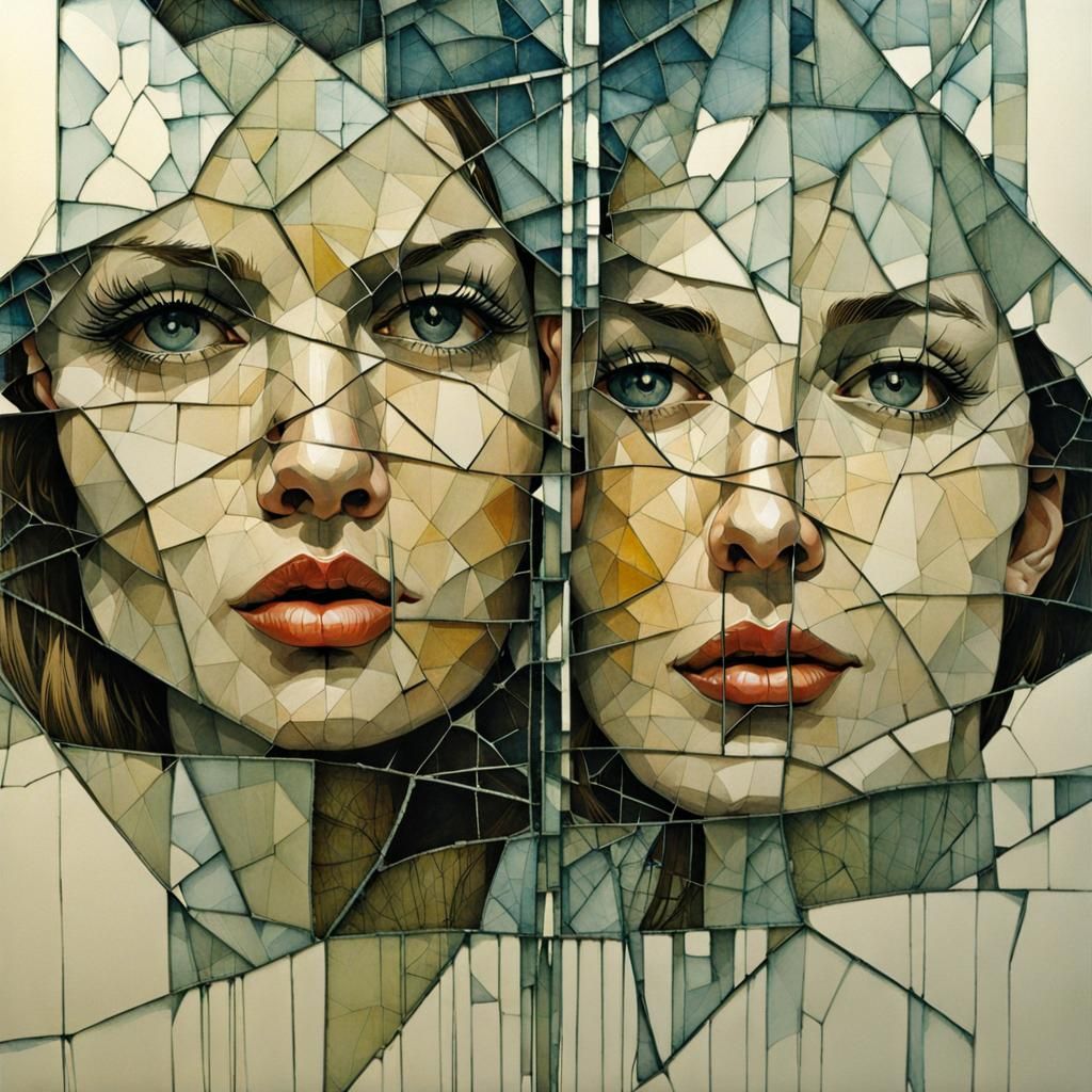 Couple Touching Through Cracked Mirror in Dual Exposure