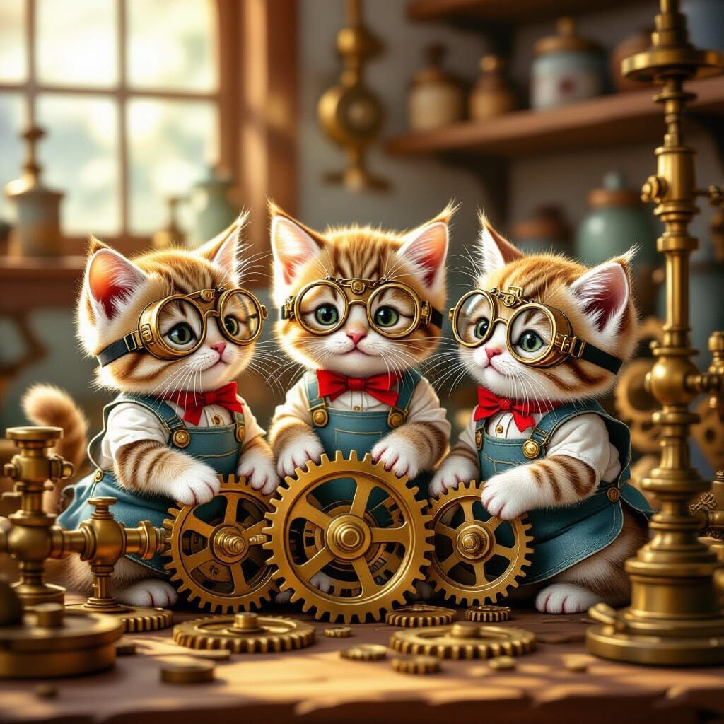 Whimsical Kittens Play with Steampunk Gears in Painterly Sty...