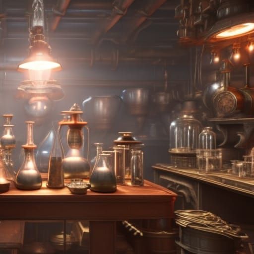 Alchemist Workshop Portrait in Detailed Fantasy Style