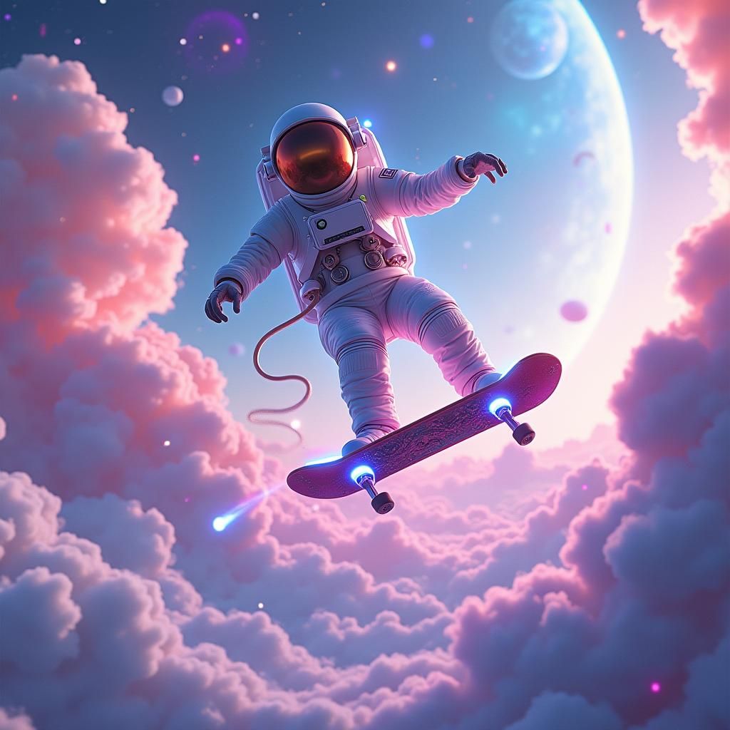 Astronaut Skateboarding in a Surreal Cloud Galaxy