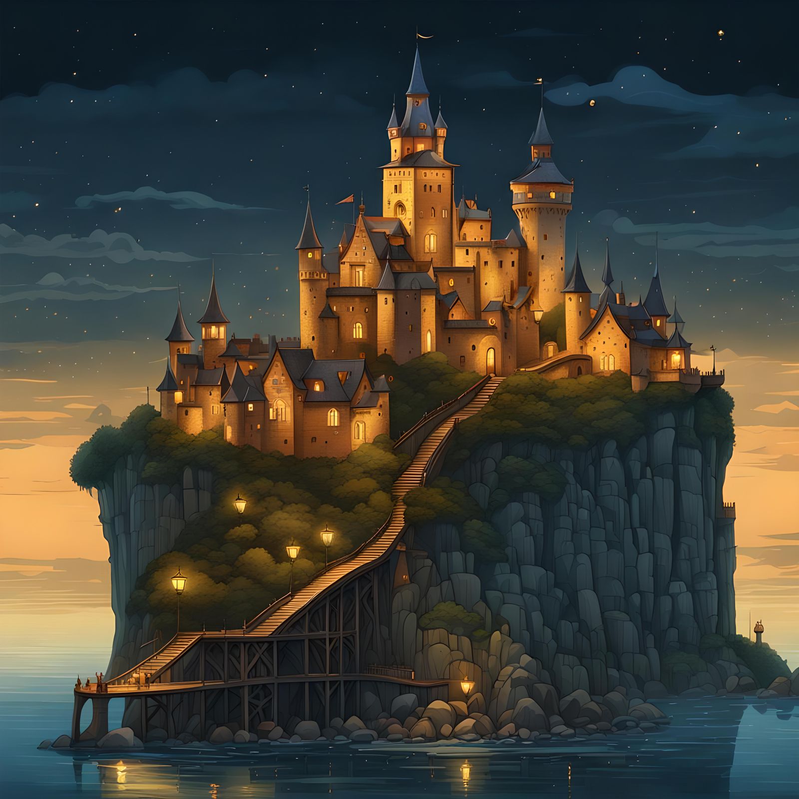 Medieval Castle on Island at Night in Gouache Style