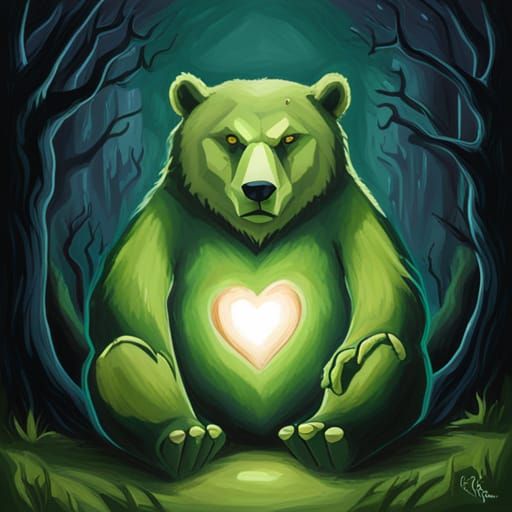 Green Bear Symbolizing Love and Darkness in Fantasy Style