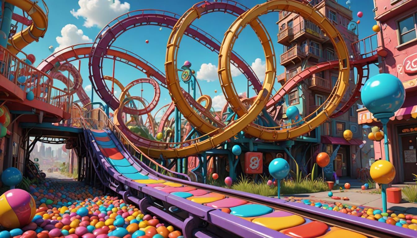 Surreal Roller Coaster Ride in Vibrant Candy-Themed 3D Digit...