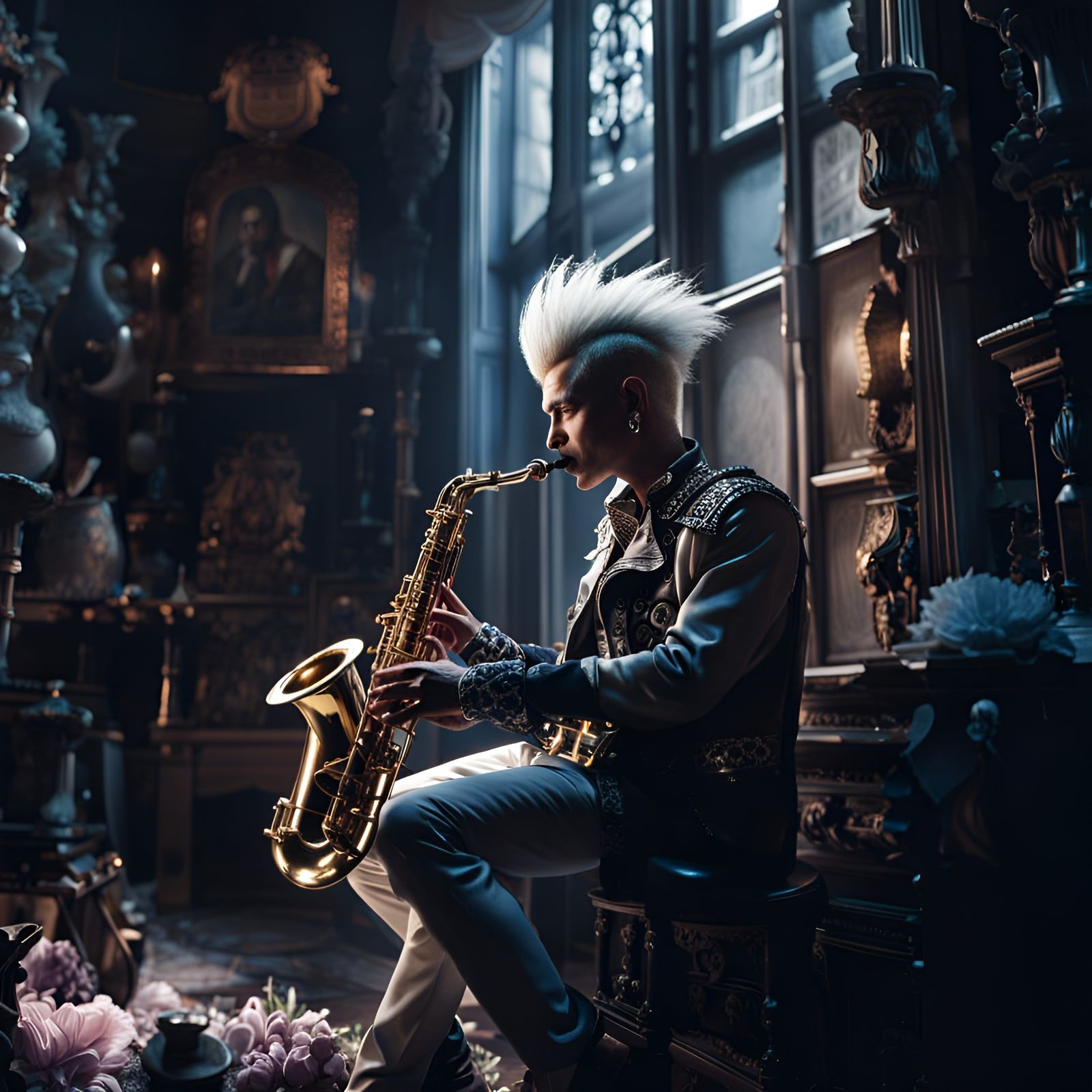 Gothic Punk Rockstar Saxophonist in Ornate Room