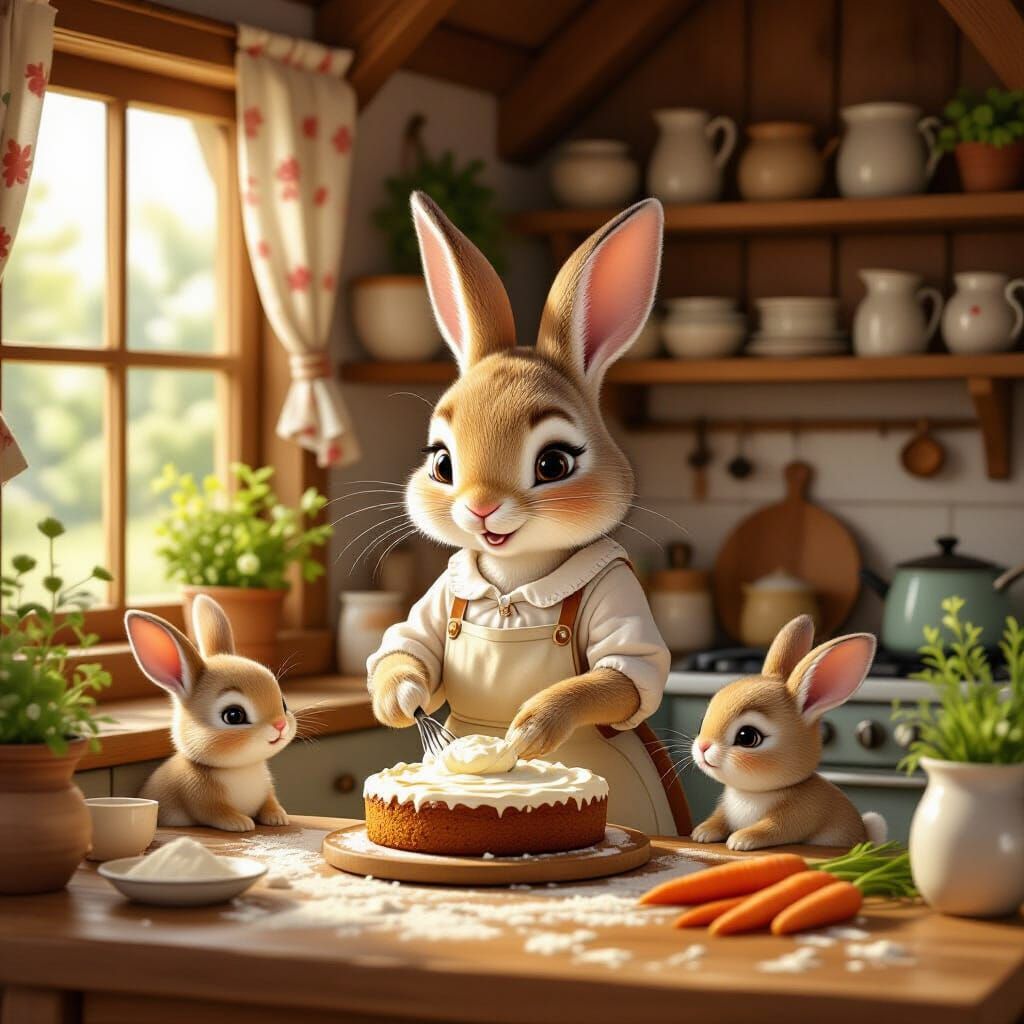 Mother Rabbit Bakes Carrot Cake in Cozy Cottage Kitchen