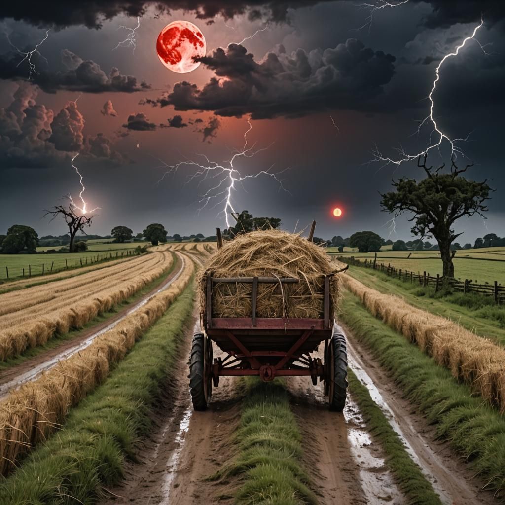 Creepy Hay Cart Under a Stormy Moonlit Sky