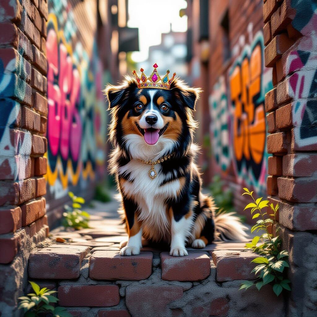 Whimsical Dog in Crown on Graffiti Wall Digital Art