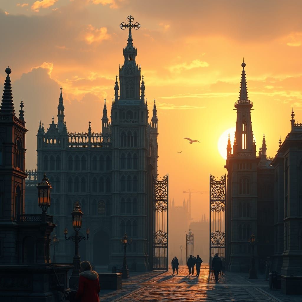 Gothic Watchtower Amidst Golden Sunset Glory