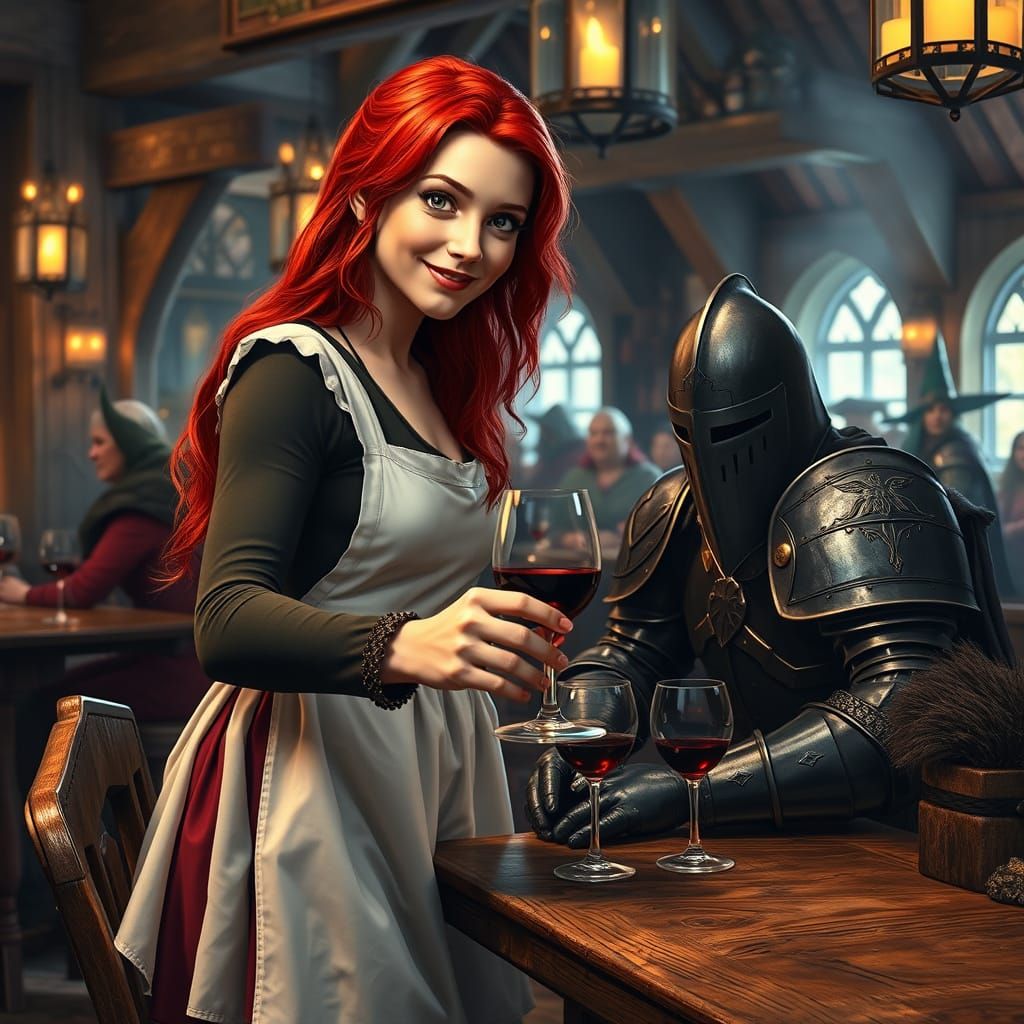 Medieval Tavern Scene: Woman Serves Wine to Knight