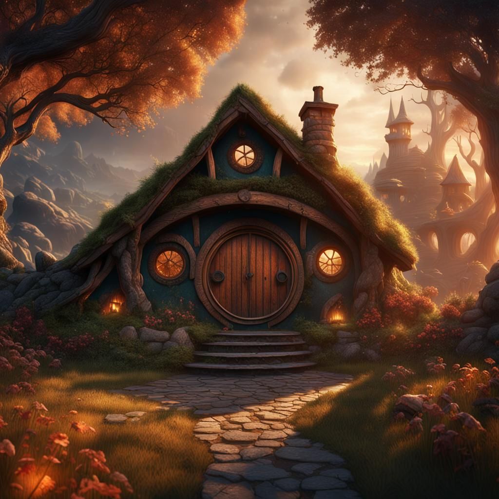 Magical Hobbit House Portal in Fantasy Landscape