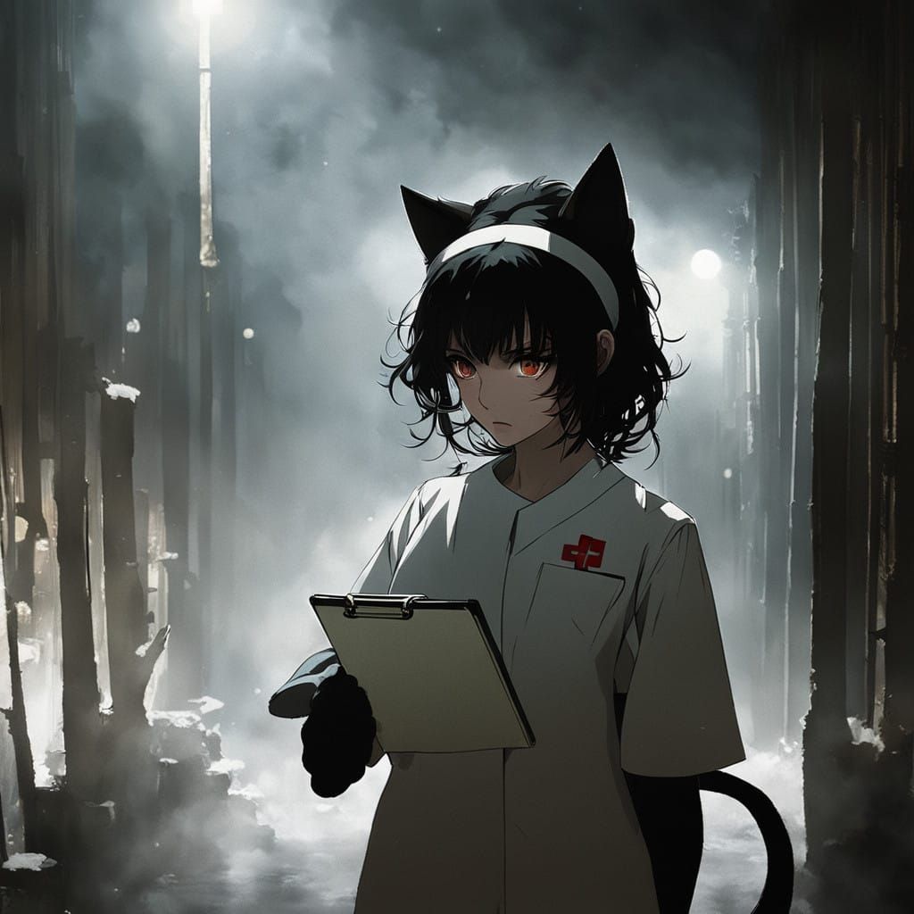Cyberpunk-Inspired Cat Girl Nurse in Dramatic Cinematic Ligh...