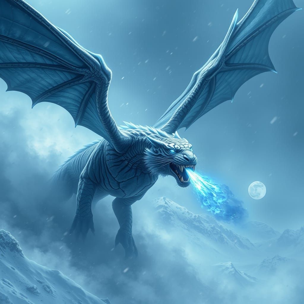 Icy Dragon Soaring Through Snowstorm in Digital Art Style