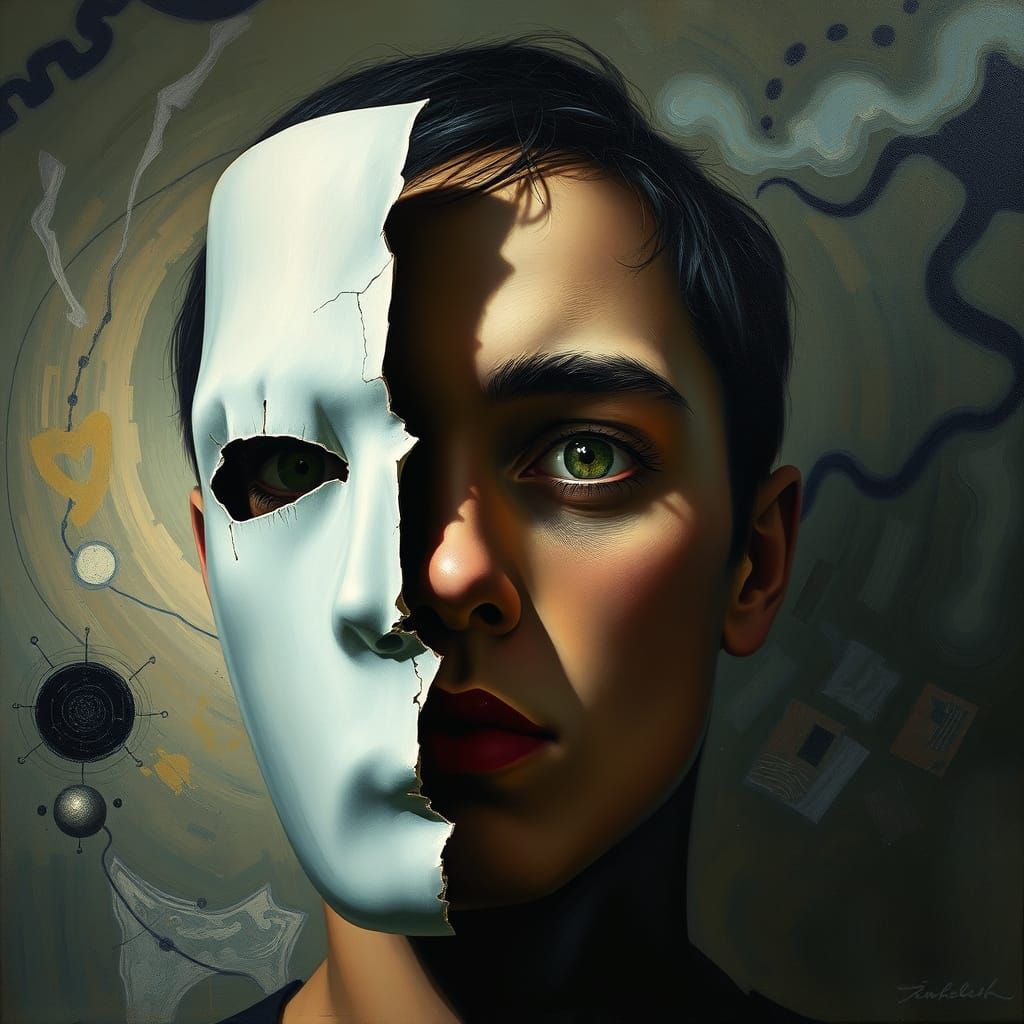 Surrealist Awakening: Mask Cracks Revealing Aware Eyes