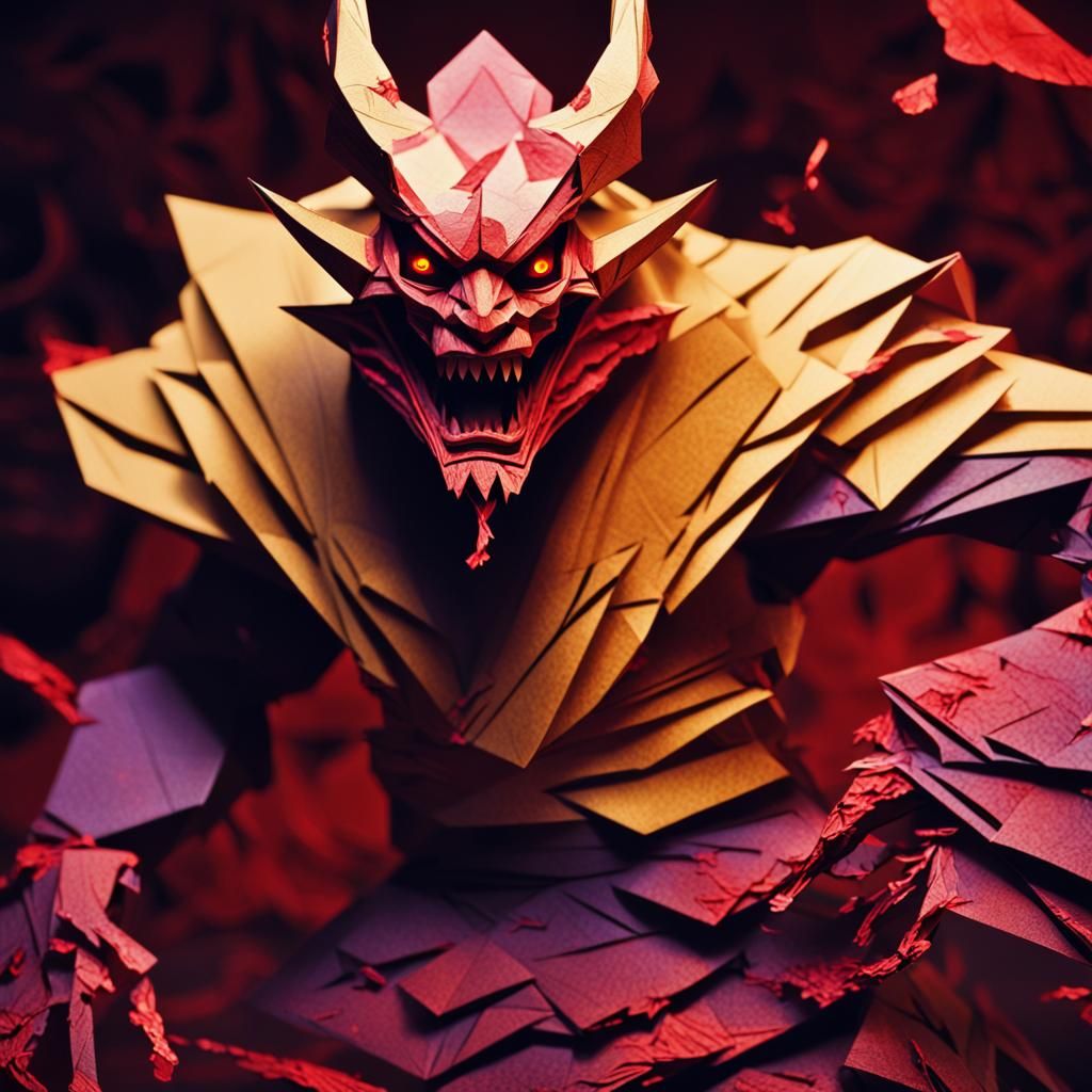 Ukiyo-e Origami Demon Emerges From Darkness