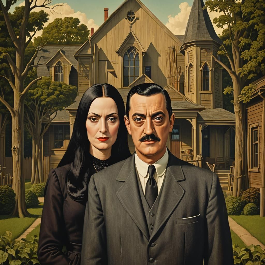 Gomez and Morticia Addams in American Gothic Style