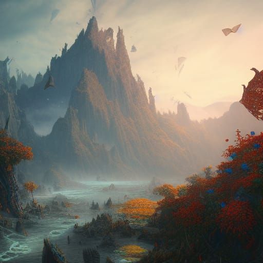 Detailed Pen Matte Painting in Deep Color