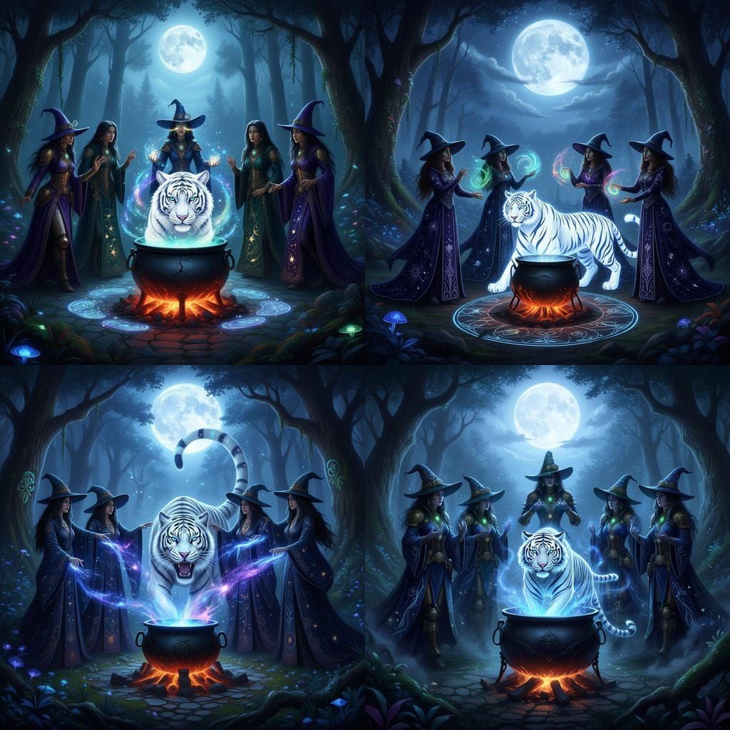 Witches Ritual in Enchanted Forest with Starlight Tiger