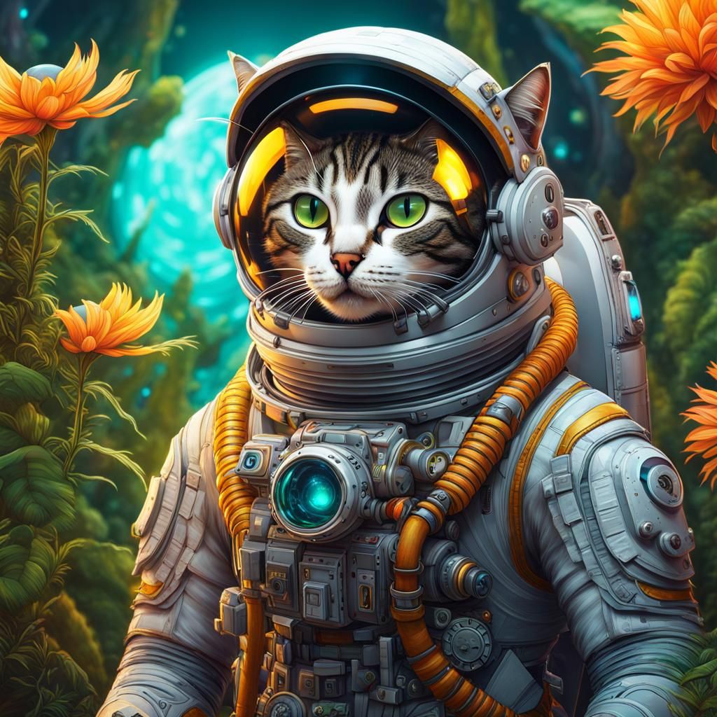Solarpunk Cat Astronaut in Space